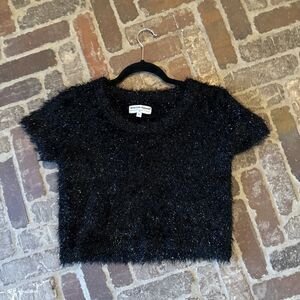 American Apparel Black Fuzzy Short Sleeve Crop Top Side Medium‎